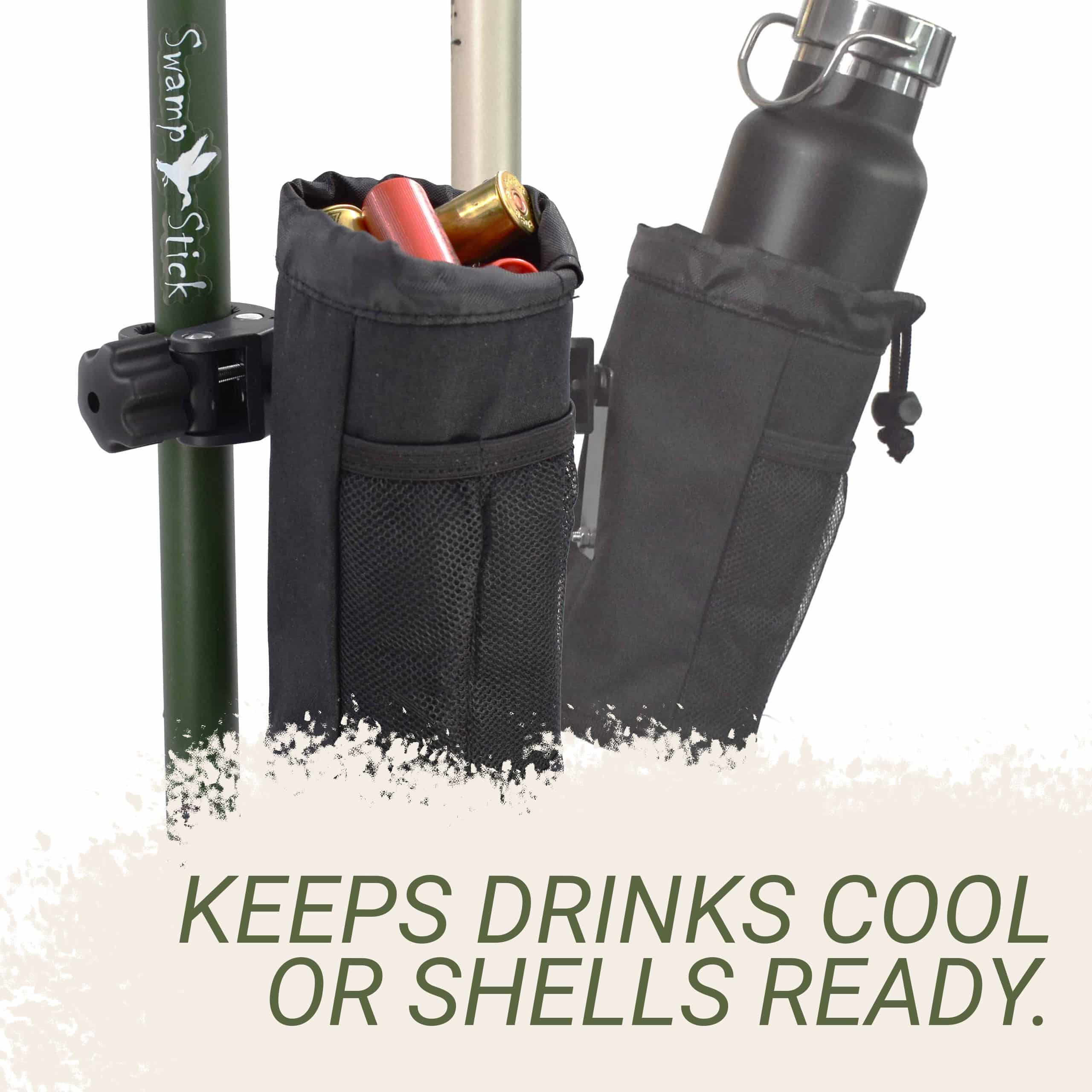 A picture of a insulated draw string attached storage which holds ammunition dry or keeps your drink cool and out of harms way.