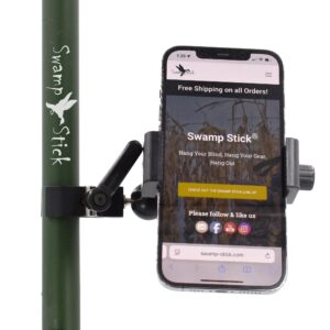 Close-up of the Cellphone Mount system with a cellphone attached to the Swamp Stick